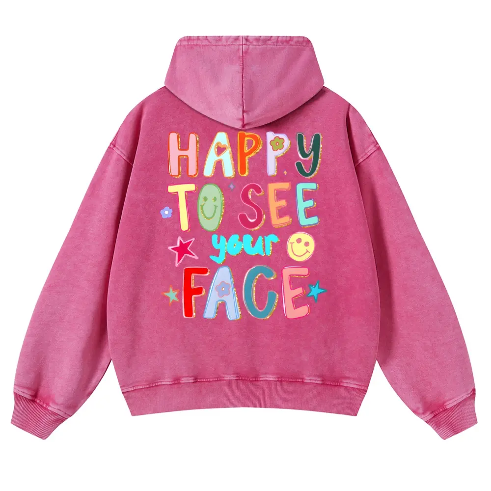Unisex HAPPY TO SEE your FACE Dopamine-style Cute Bubble Letters for Kids Graphic Washed hoodie Personalized Pattern Y2k Clothing Round Neck Washed hoodie,Women's Clothing 100% Cotton, Menswear, Top, Vintage Style,Summer Casual Oversized