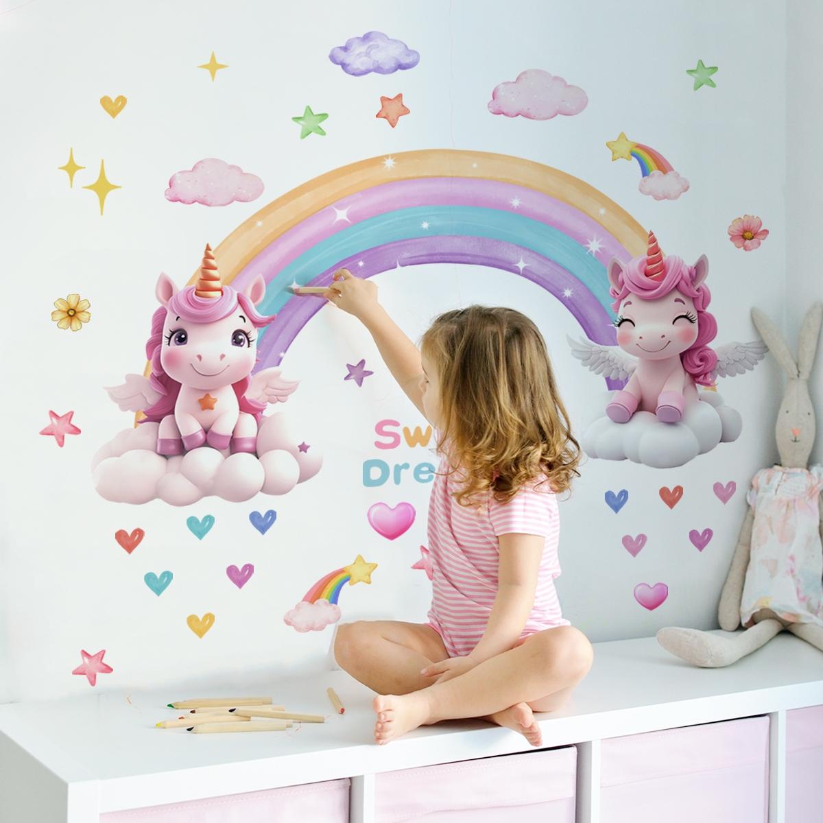 Rainbow Cloud Unicorn Wall Decals Set, 2 Sheets (30x90cm), Home Decor for Living Room & Bedroom, Easy-Remove Wallpaper Stickers