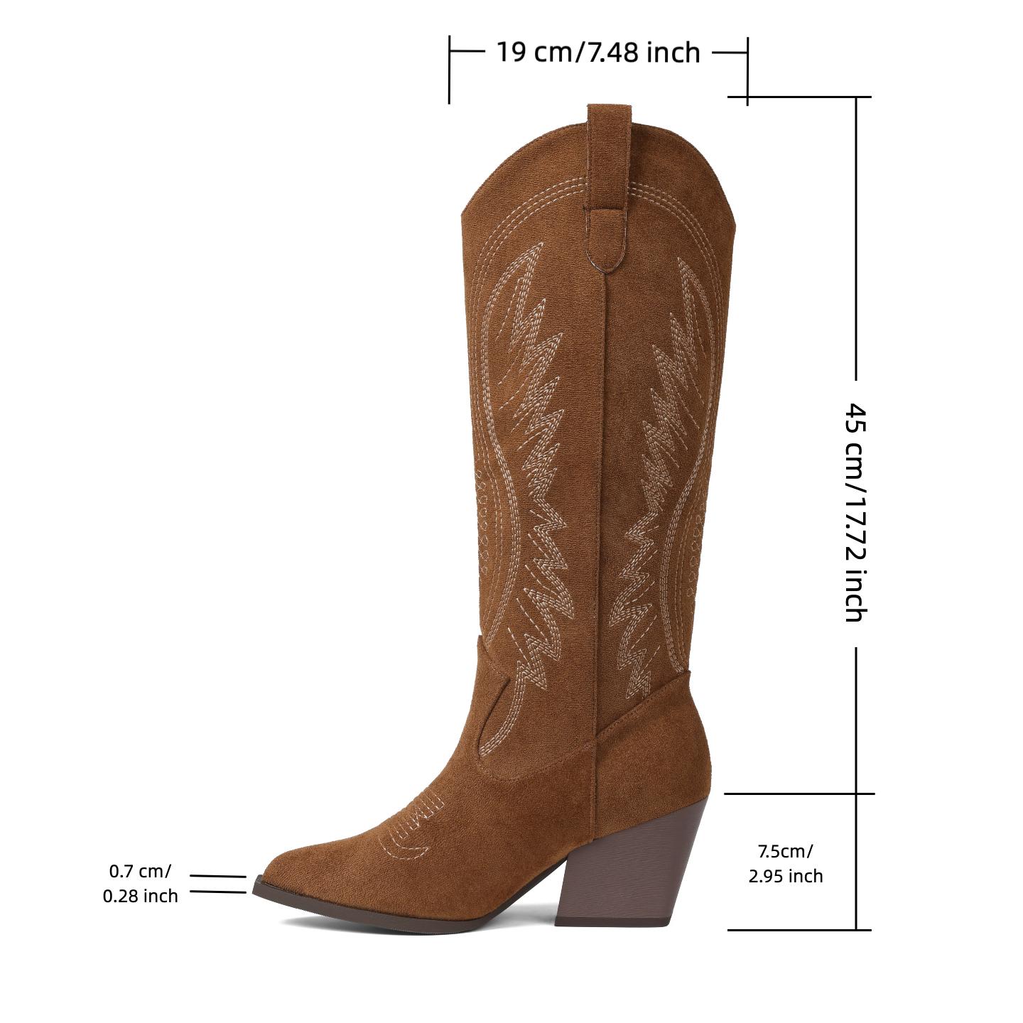 AOSPHIRAYLIAN Women Cowboy Suede Boots Mid Calf Cowgirl Boots Western Red/black/brown Boots Embroidered Suede Pull On Almond Toe Chunky Heel SpringStatements