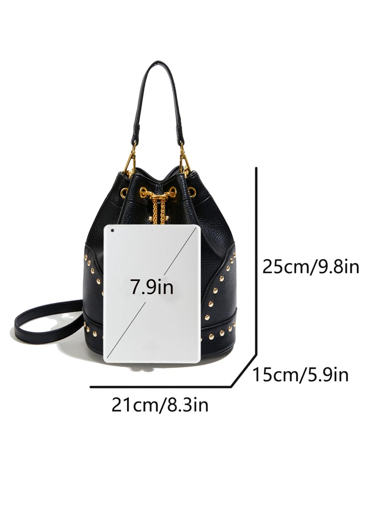 High-Quality Leopard Texture Rivet Drawstring Bucket Bag, Vintage Luxury Pearl Chain Shoulder Crossbody Bag, Women's Mini Storage Bag, Faux Leather Crossbody, Stylish Chain Bag
