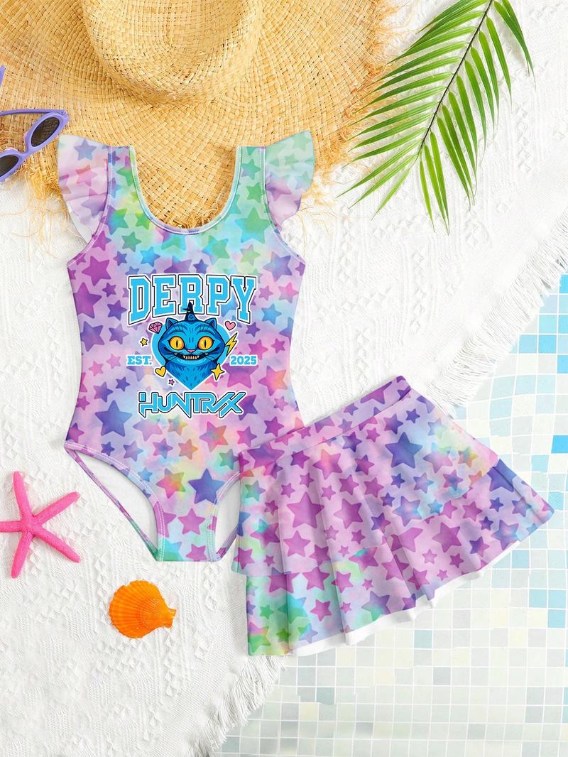 K-Pop Hunter Swimwear, Kpop Demon Hunters Beach Sweetheart Exclusive Swimsuit, Starry Gradient & Girl Group Print, Fashionable Halter Two-Piece Bikini