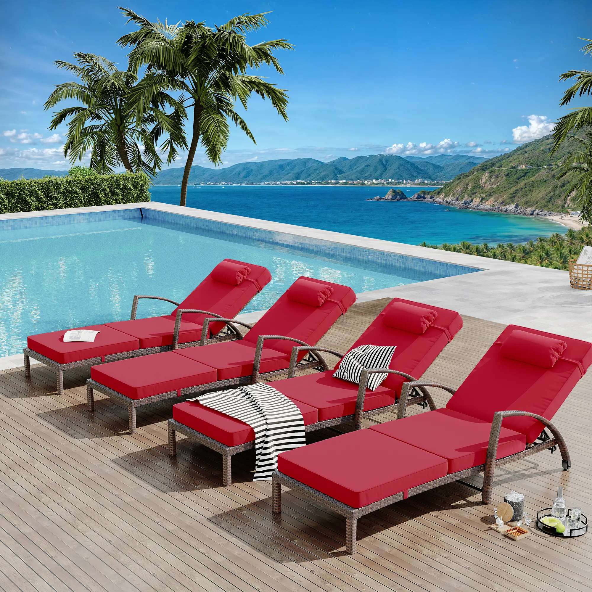 Set of 2 Blue PE Rattan Outdoor Chaise Lounges, 5‑Position Adjustable Recliners with Cushions, Armrests & Wheels, Easy‑to‑Assemble Weather‑Resistant Wicker Patio Chairs for Pool, Garden and Beach