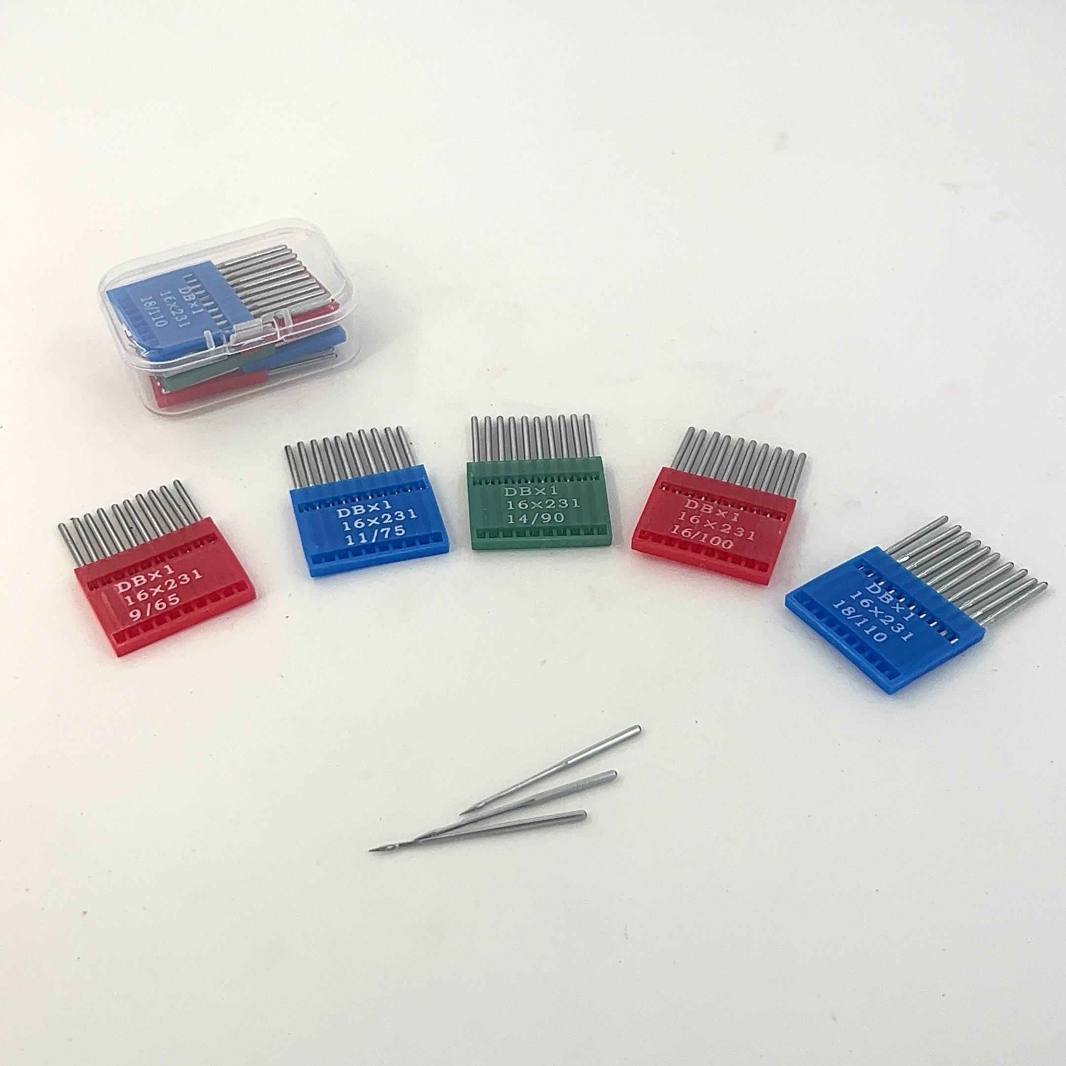 5 Packs of Db Sewing Machine Needles Size 9/65, 11/75, 14/90, 16/100, 18/110 with Transparent Storage Box, Durable Anti-Skip Function for Home and Industrial Use