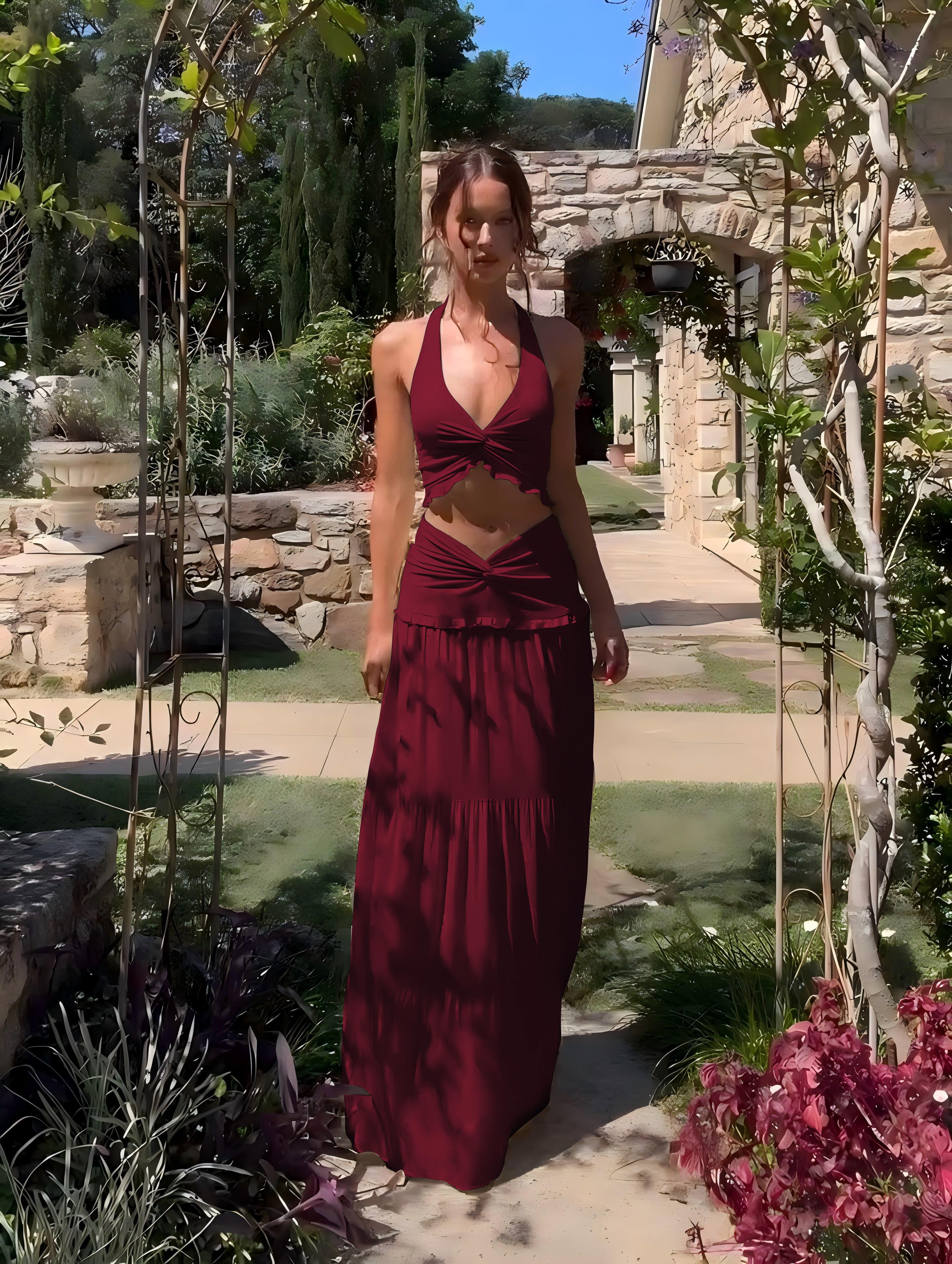 Solid Color Backless Crop Top & Ruched Skirt Two Pieces Set Women's Sleeveless Halter Neck Top & Skirt Ladies Summer Fall Clothes for Party Holiday Vacation Beach Boho Valentine's DayGift Outfit SpringStatements