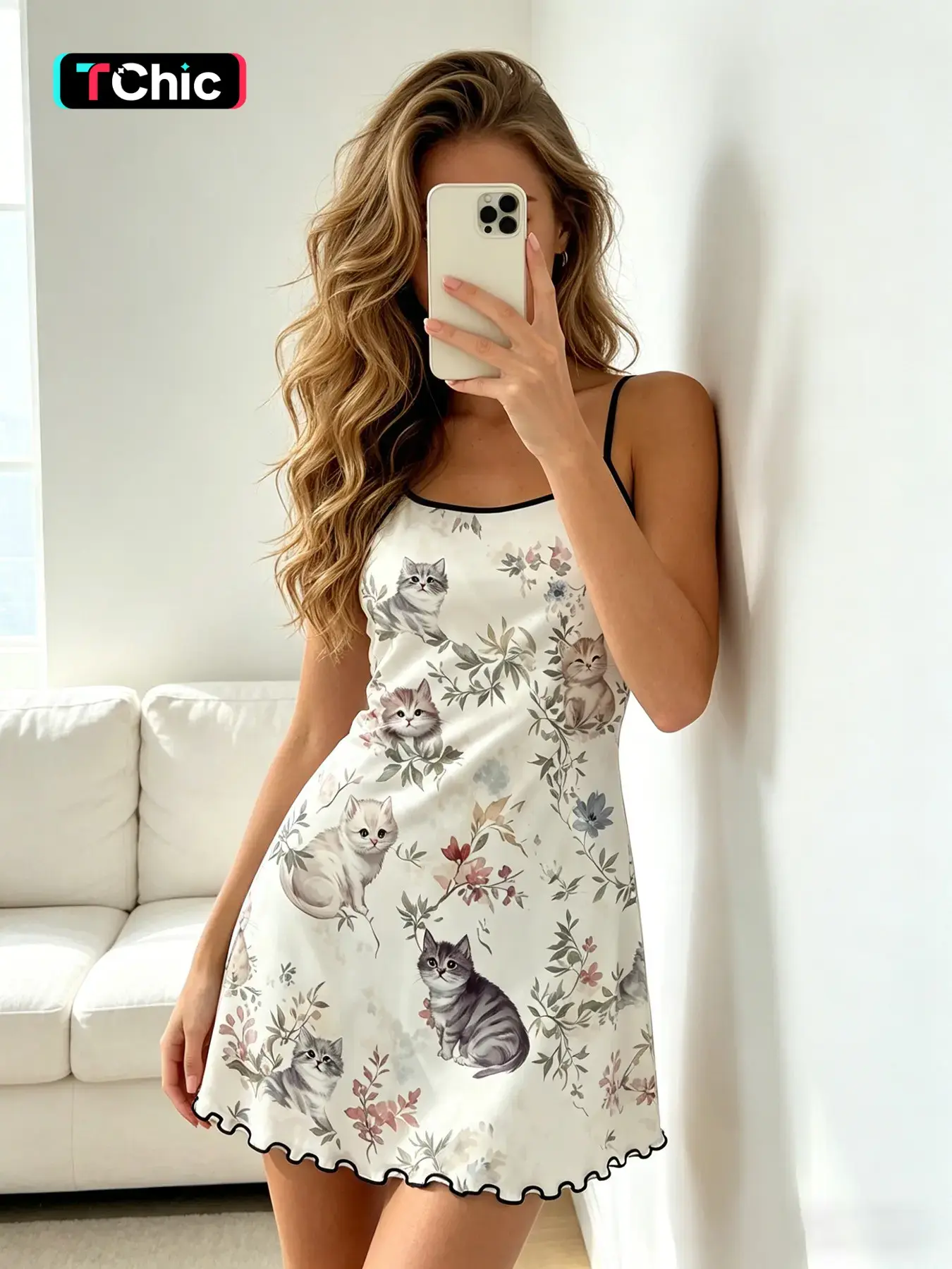 Women's Cami Nightdress, Spring Summer Wear, Cream Base Watercolor Cat Floral Print, Cottagecore Style, Contrast Trim, Ruffle Hem, Slim Fit, Breathable, For Daily Home Wear, Casual Wear And Home Leisure