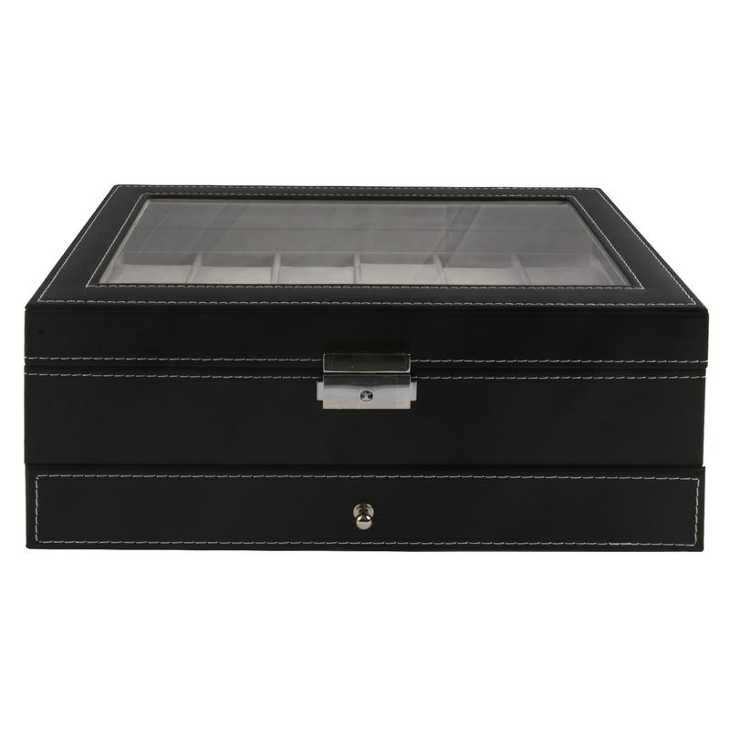 SUNNYGLADE 12 Slot PU Leather Lockable Watch Storage Boxes, Men & Women Jewelry Display Drawer Case, 2-tier Organizer Watch Showcase with Glass Lid (Black)