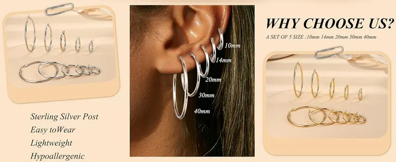 5 Pairs Hoop Earrings for Women, Small 14k & Silver Color Hoops, Hypoallergenic Silver Hoop Earrings, Medium Big Earring Stacks, Earrings Set, Hoop Shape Earrings, Earrings Jewelry