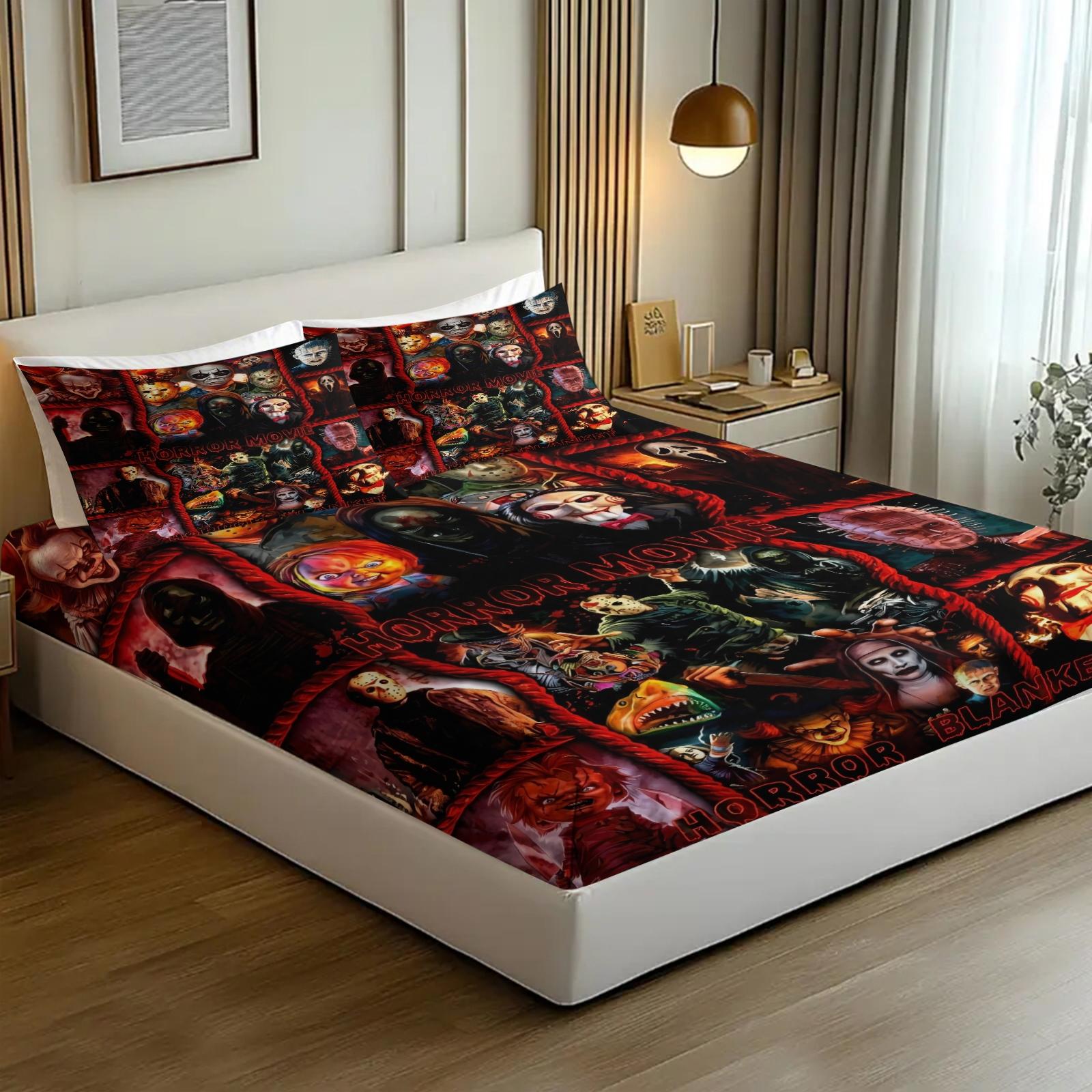 Horror movie printed pattern bed sheet, comfortable printed pattern, including 1 bed sheet and 2 pillowcases, comfortable bedding, anti slip dust cover suitable for bedrooms and guest rooms, suitable for children and adults as gifts, Bedsheet Sets