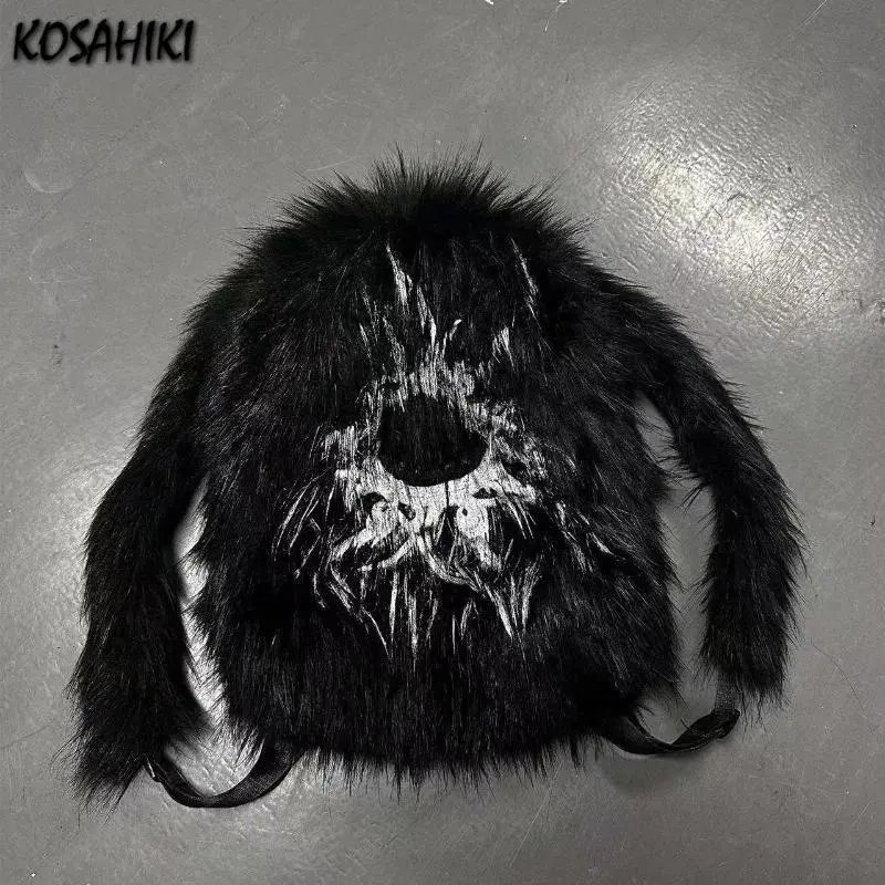 Vintage Print Fluffy Backpack Personality Y2k Aesthetic Fashion Schoolbags Women Casual Harajuku Streetwear All Match Backpacks