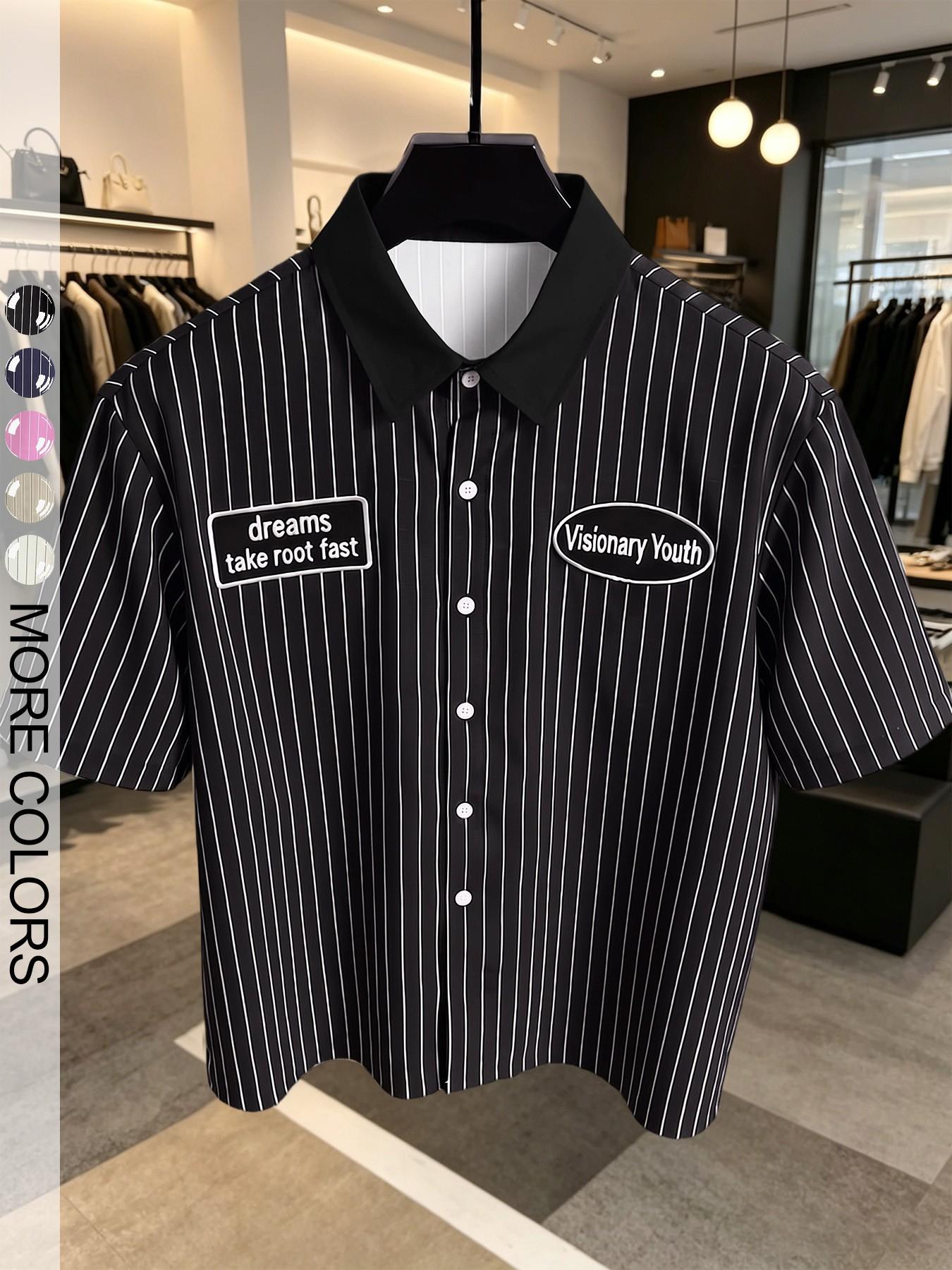 Vintage Plaid Patchwork Men's Short Sleeve Blouse, Loose Fit American Street Style Casual Top, Pop Art Print, with Button, with Collar