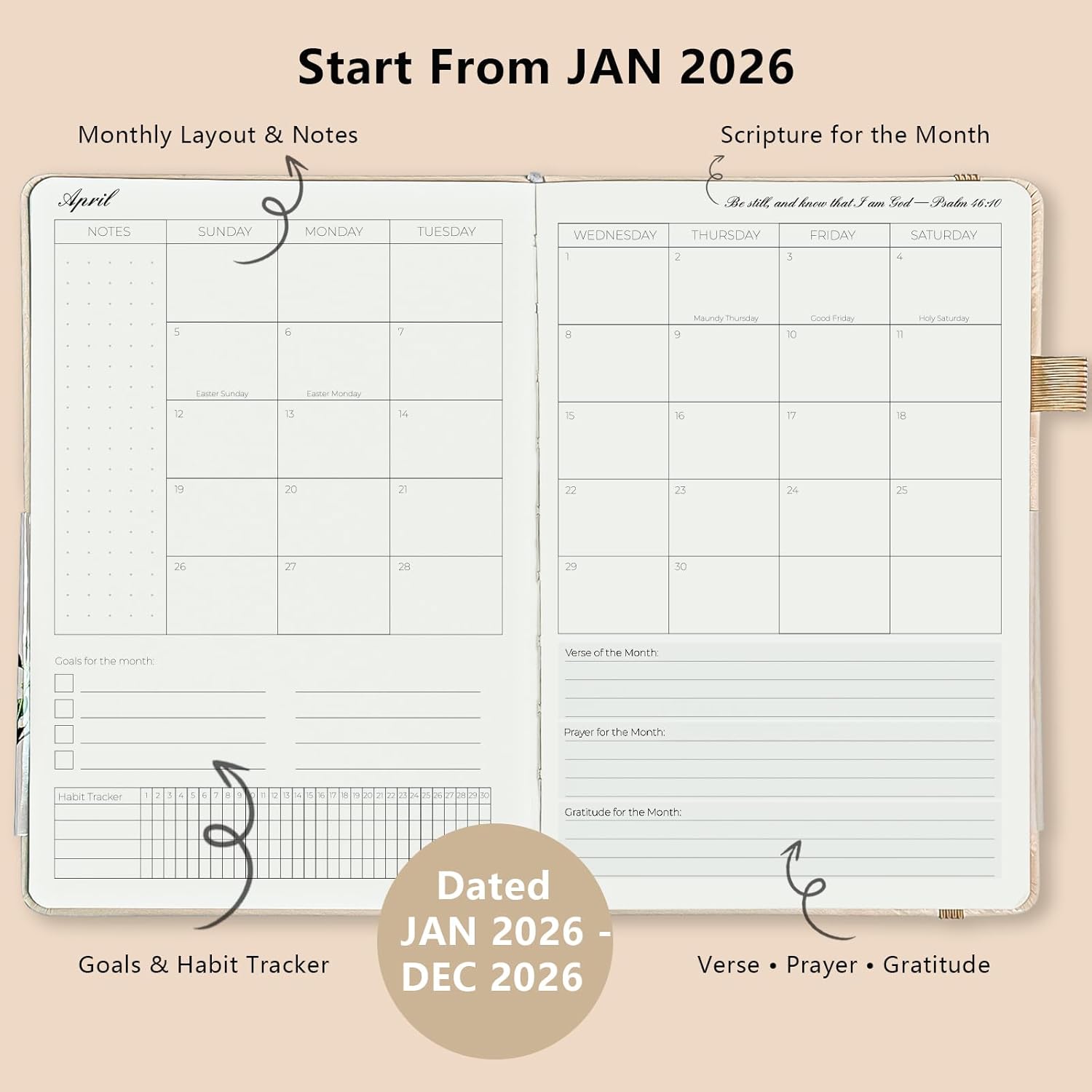 2026 Christian Planner in Beige - Elegant 12-Month  Journal and Prayer Notebook, Scripture-Based Weekly Planner, Christian Gifts for Women, Minimalist Hardcover