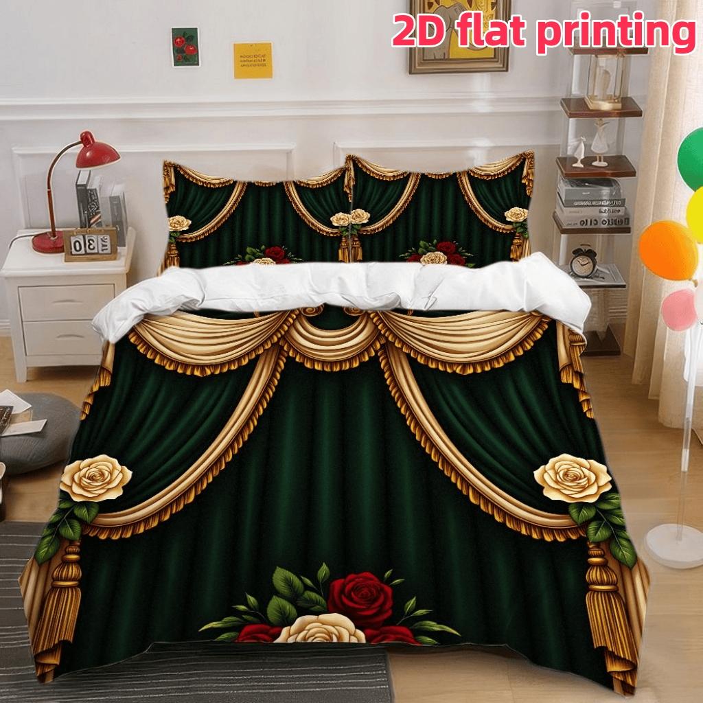 2D Flat 3Pcs Elegant Emerald Green Drapes Duvet Cover with Golden Swags ...