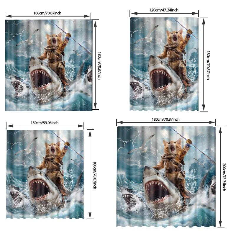 1pc Epic Orange Cat Shark Rider Fantasy Printed Shower Curtains with Plastic Hooks Shower Curtain for Bathtub Bathroom, Suitable for Home and Hotel Machine Washable Bathroom Decor as Best Gifts for Friends and Fantasy Lovers
