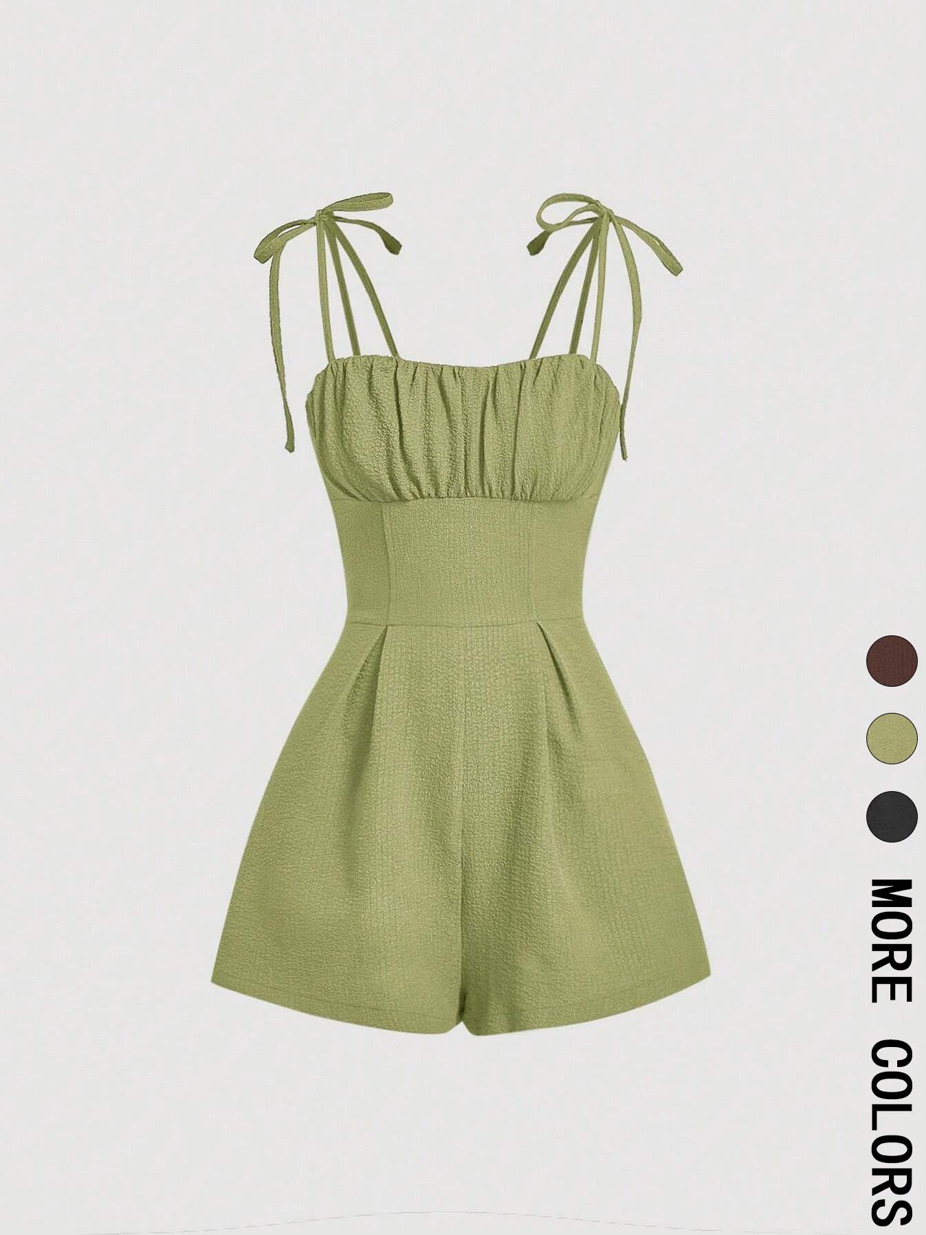 Women's Plain Tie Shoulder Romper, Casual Sleeveless Zipper Romper for Summer, Women's Clothes for Daily Wear