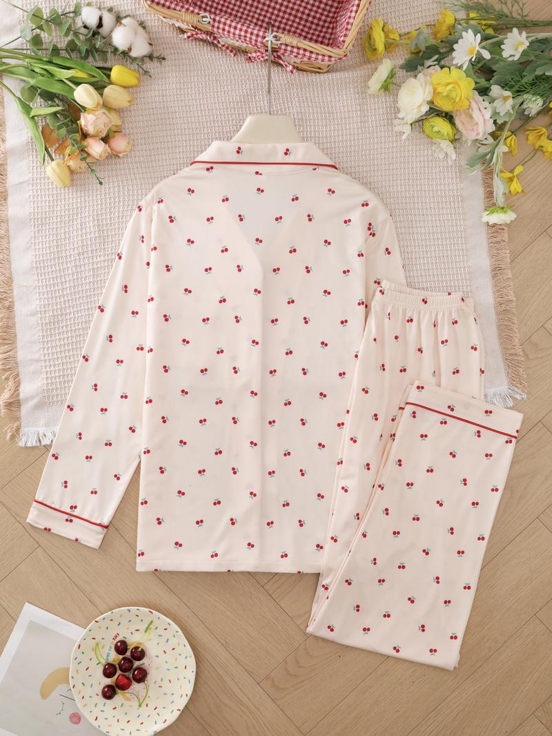 Two-piece Set Women's Heart/ Strawberry Print Pajama Set, Casual Comfy Long Sleeve Lapel Collar Top & Pants Pj Set, Ladies Sleepwear for Spring & Fall