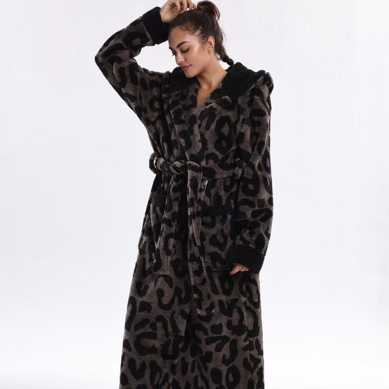 European Elegant Coffee Leopard Print Flannel Bathrobe Loungewear Nightwear, Hooded with Belt and Pockets, Unisex Fit, Soft and Comfortable