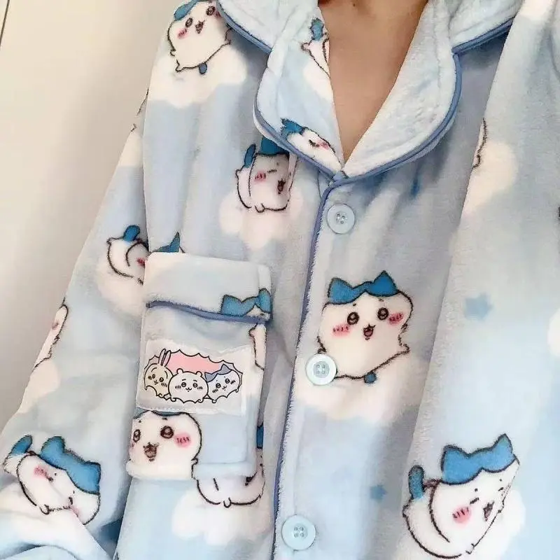 Chiikawa Hachiware Pajamas Set Anime Usagi Flannel Sleepwear Pants Cute Women Winter  Warm Pajama Home Clothes Christmas Gift