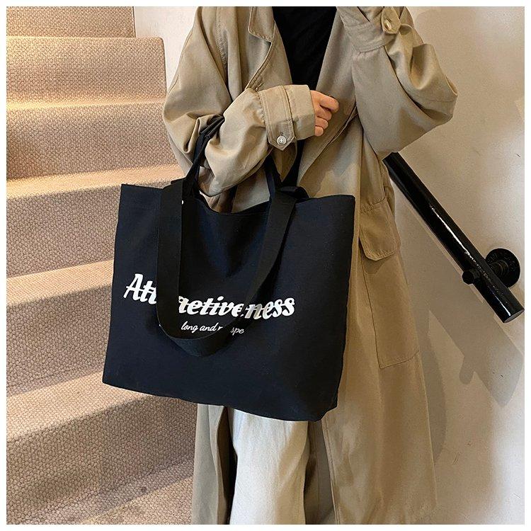 Casual Letter Print Canvas Tote Bag, Large Capacity Commute Shoulder Bag, Lazy Style Handbag, Student School Bag
