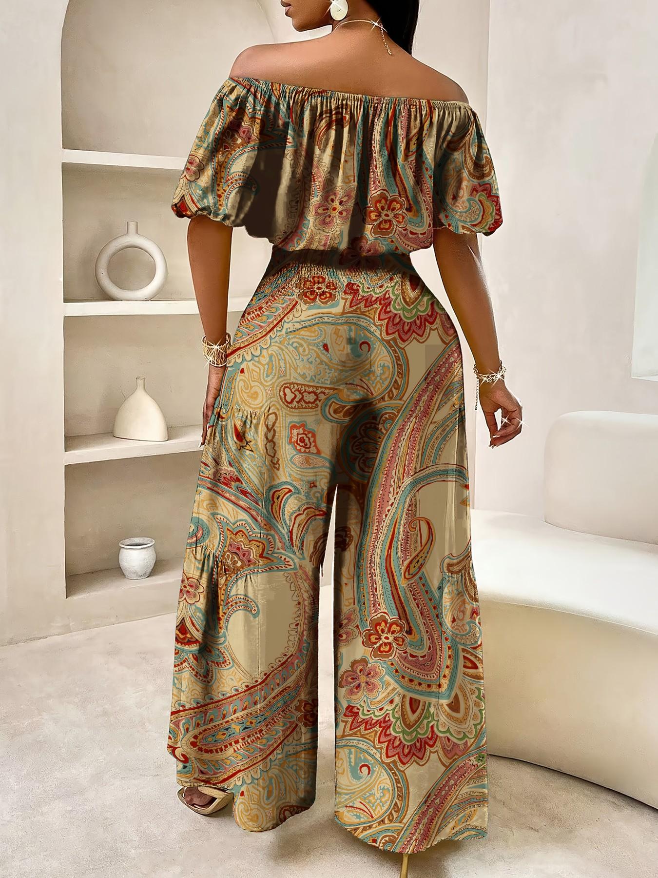 Women's Summer Paisley Print Vintage Vacation Two-Piece Set, Off-Shoulder Bubble Sleeve Crop Top + High Waist Drawstring Wide Leg Pants