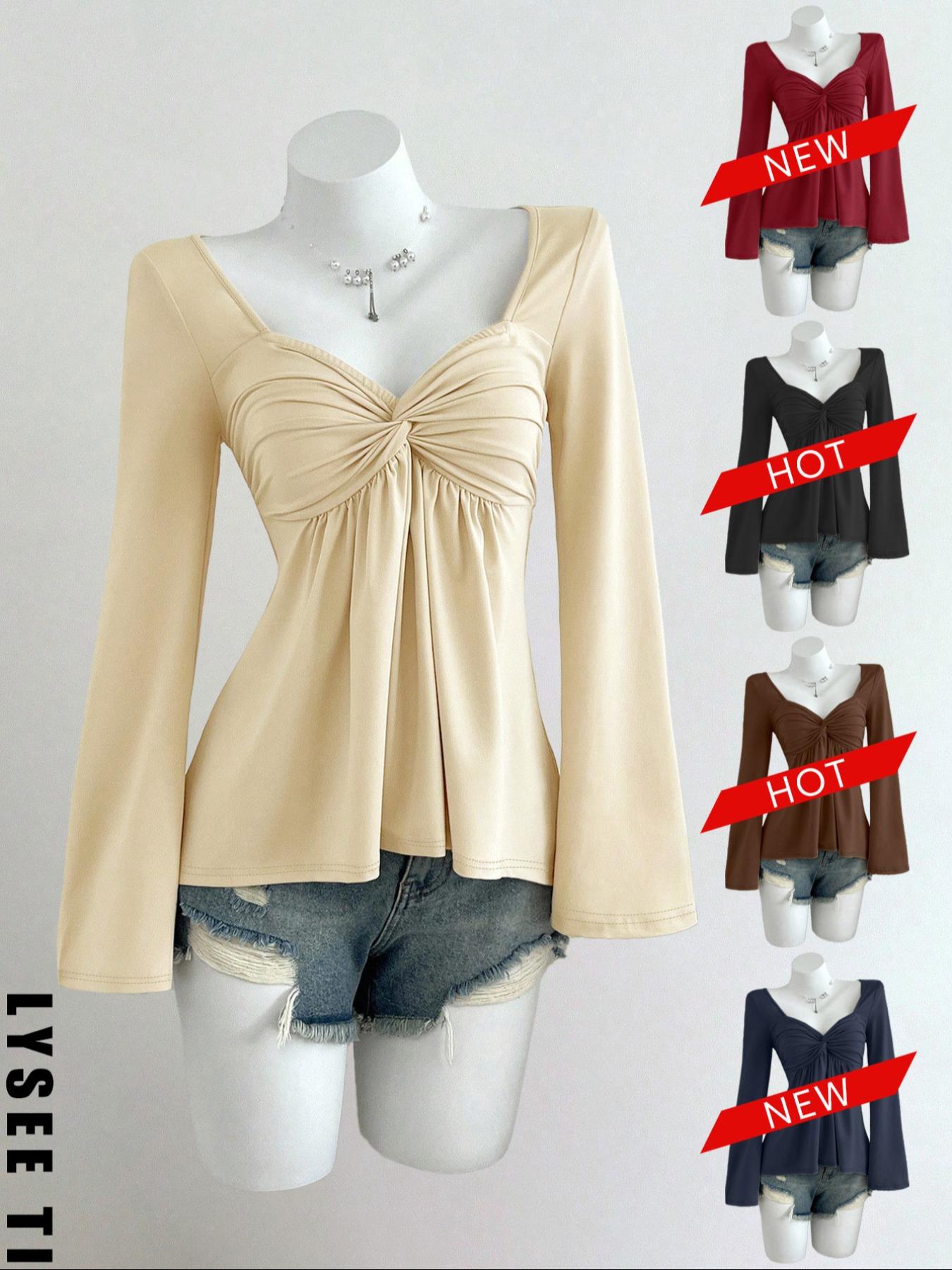 Women's Casual Fashion Apricot Smocked Doll Top, Long Sleeve T-shirt for Autumn and Winter