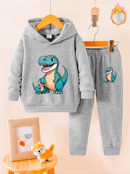 Boys' Fall & Winter Fleece Set, Dinosaur Cartoon Print Hoodie & Jogger Pants Two-Piece, Casual Warm Kids Clothing Gift Idea