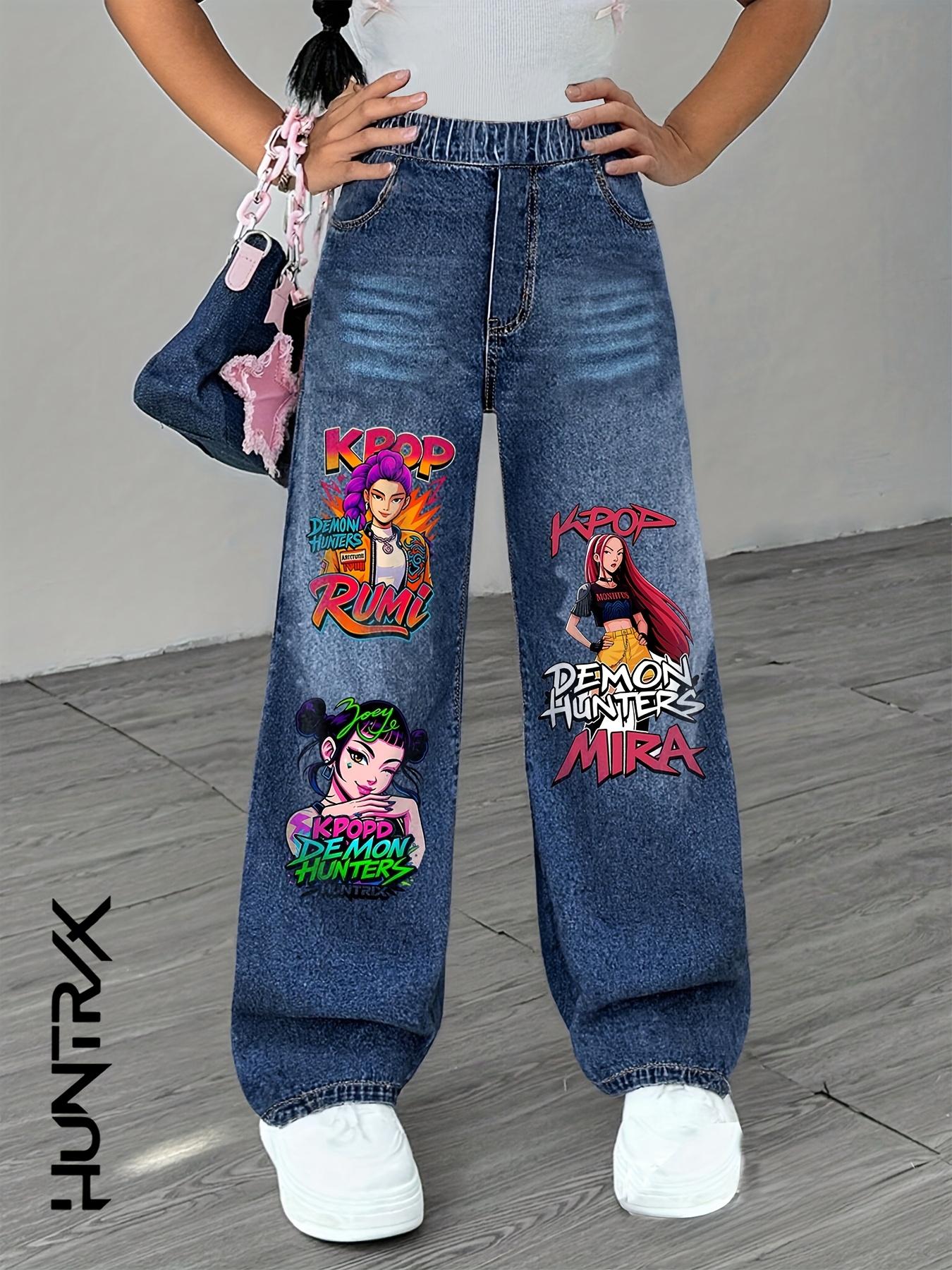 Girls' Casual Fitted Jeans, Cartoon Print Denim Pants for Ages 7-12, Stylish Youthwear for Fall & Winter, Trendy Trousers for Girls