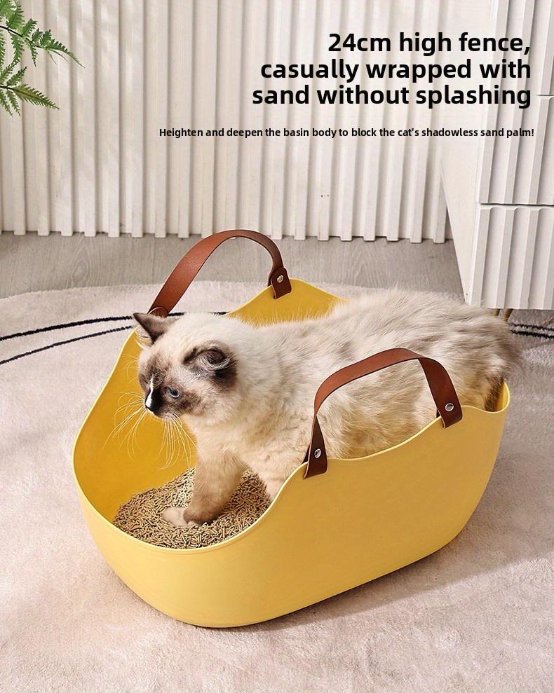Large Semi-Enclosed Cat Litter Box, Open Front, Anti-Splashing, Portable with Handle, Easy Clean, Modern White & Brown, for Home Travel Apartment