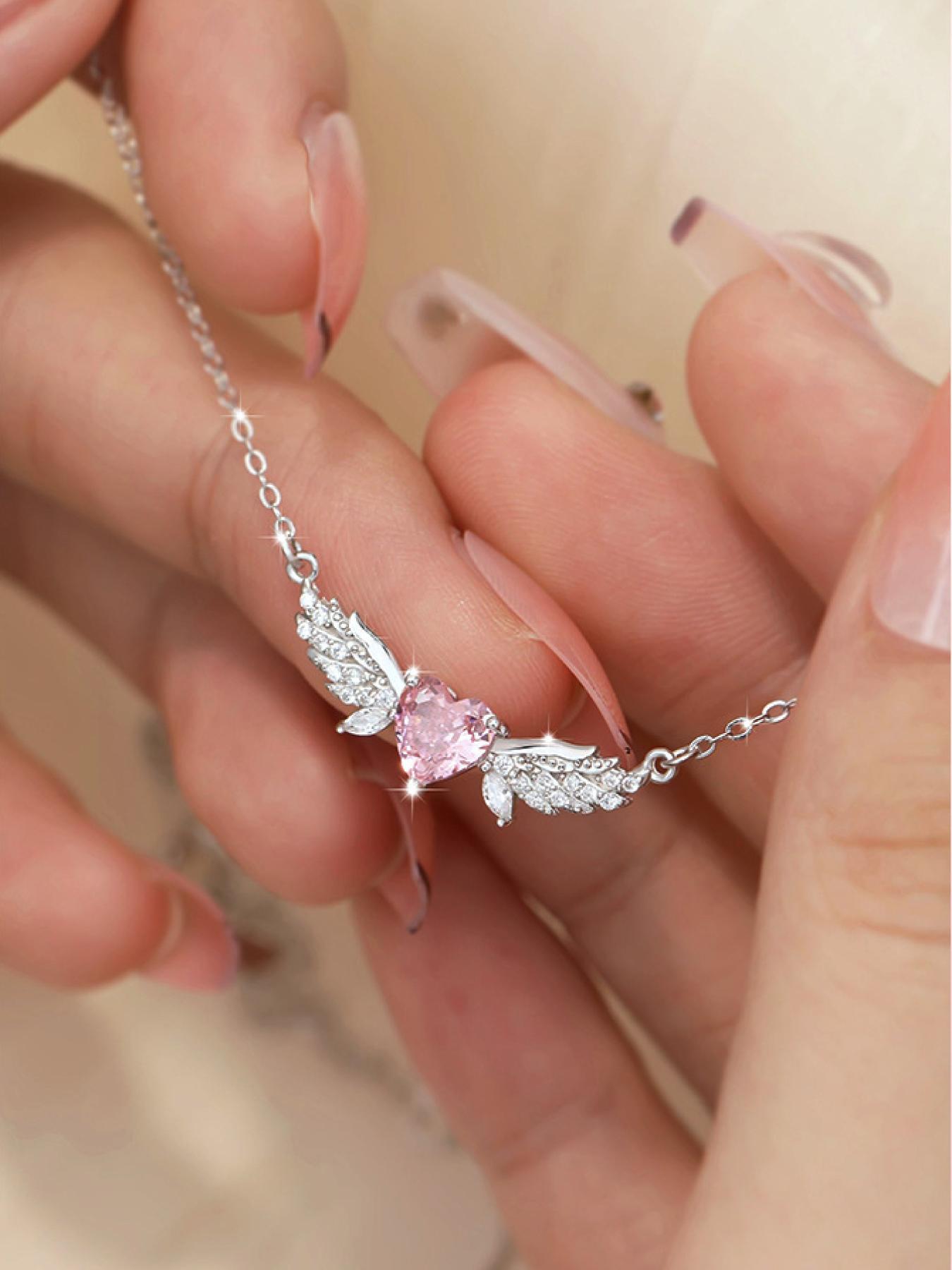 925 Sterling Silver Cute Heart & Wing Rhinestone Pendant Necklace, Adjustable Necklace for Women, Fashion Jewelry for Party, Daily Decor, Exquisite Jewelry for Gift
