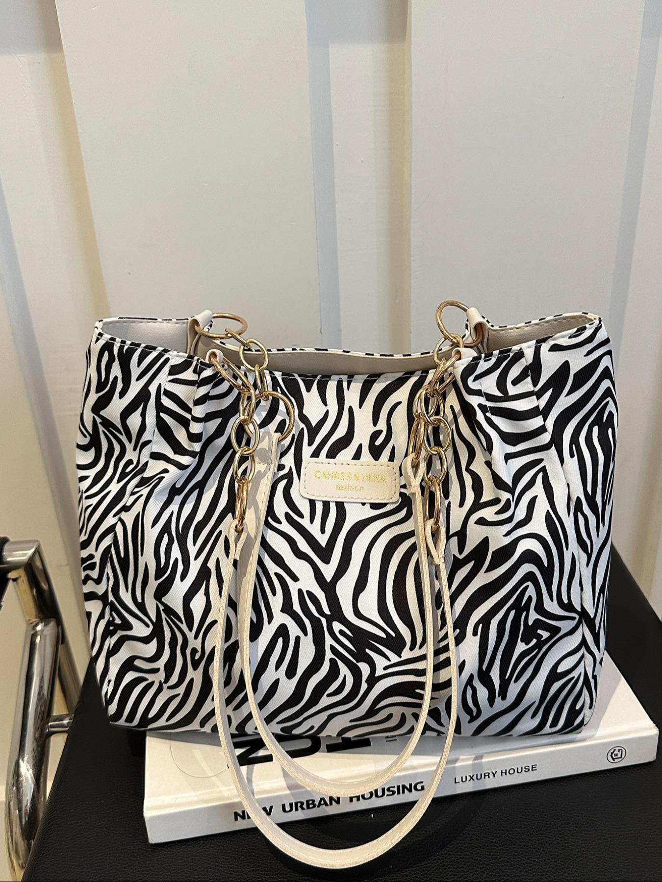 Women's Fashion Striped Handbag, Large Capacity Shoulder Bag with Metal Chain Strap, Waterproof Nylon Material, Ideal for Daily Use, Fashionable Patterned Bag