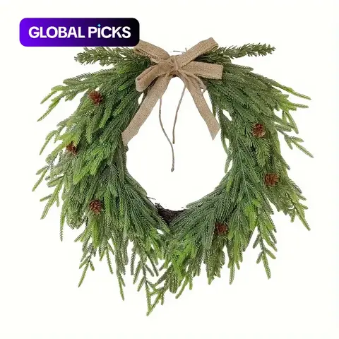 Classic Christmas Wreath 18.9 Inch, Artificial Norfolk Pine with Bow and Berries, Indoor Outdoor Holiday Decor, DIY Home Decoration, Doorframe Ornament #GLOBAL PICKS
