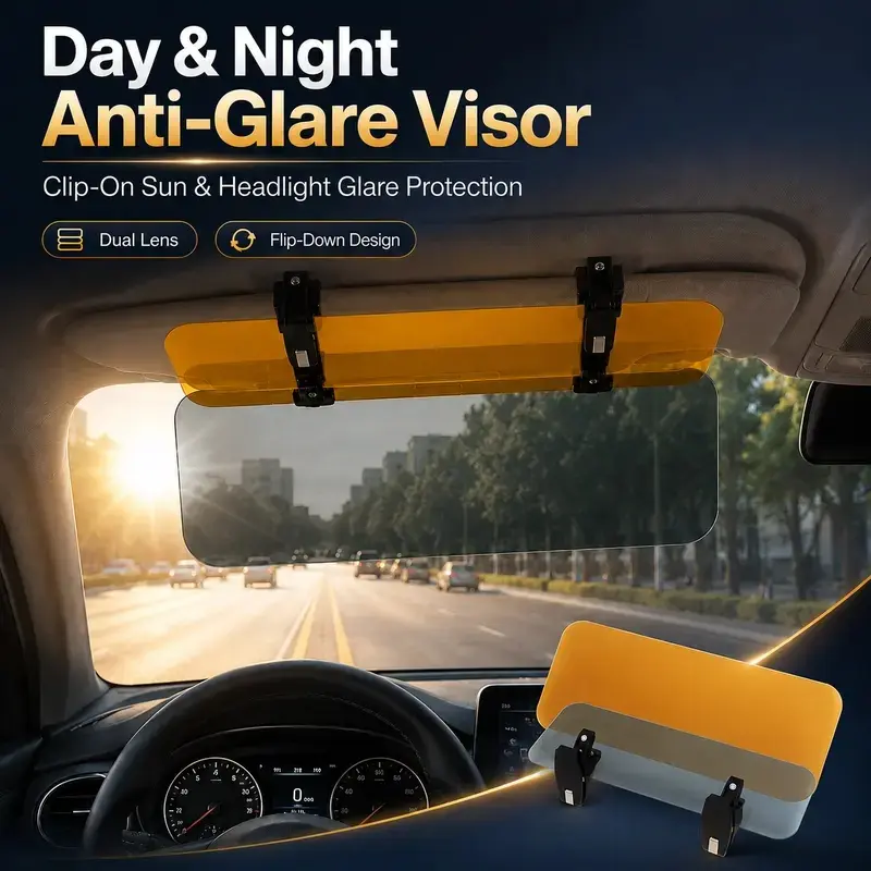 Car Anti-Glare Visor - Clip-On Windshield Sun Shield, 2-in-1 for Day-Night Driving Car Exterior Sunshade Accessory