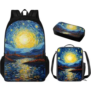 Starry Night Backpack School Set 3Pcs School Backpacks with Lunch Bag Pen Bag Set Large Capacity Waterproof Bookbag Portable Lunch Bag Child Backpacks For School & Travel