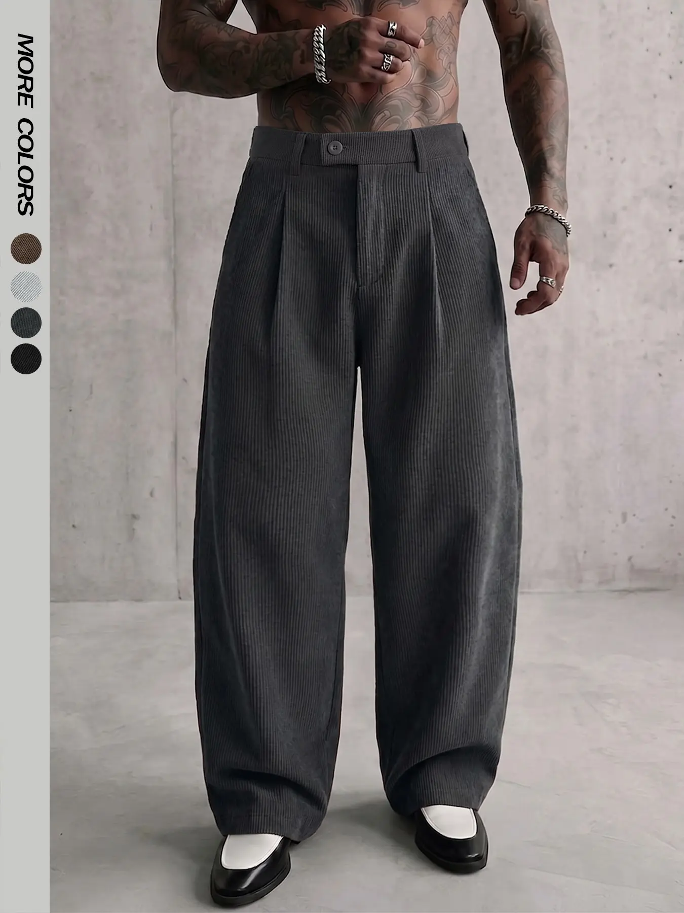 Men's Old Money Solid Color Corduroy Pants, Retro Ribbed Elastic Waist Pleated Wide Leg Trousers with Side Pockets, Fall Winter Casual Pants for Club, Party, Outdoor & Work