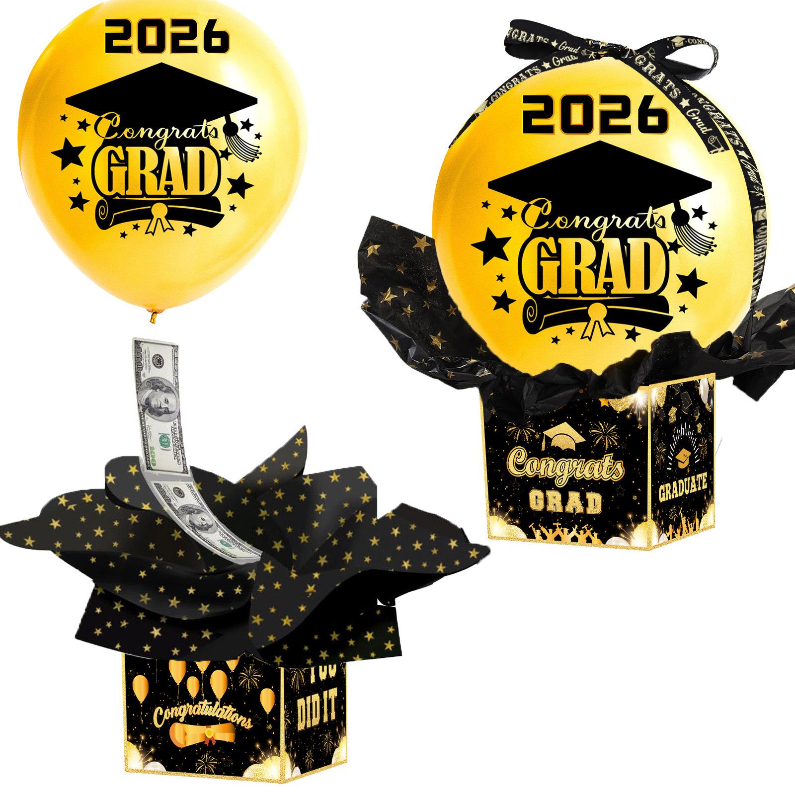 2026 Graduation Surprise Balloon Gift Box, Black And Gold Graduation Balloon Money-Extracting Gift Box, Used For Graduation Party Decorations, Party Games, Raffle Giveaways, And Personal Gift Boxes