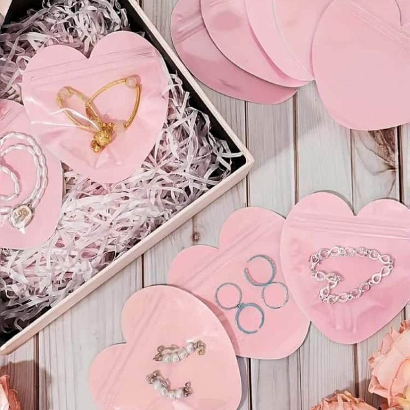20pcs Pink Heart-Shaped Jewelry Bags, Transparent Sealed Bags, Suitable for Earrings, Rings, Necklaces and Travel Storage