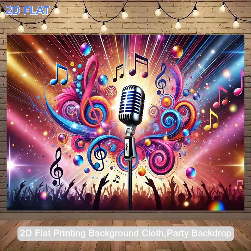 1pc 2D Flat Banner, Music-Themed Party Backdrop with Neon Glow Music Notes & Microphone DesignVibrant Polyester Fabric Banner for Indoor/Outdoor Birthday, Anniversary, Photo Studio DecorationsNo Electricity Needed, E