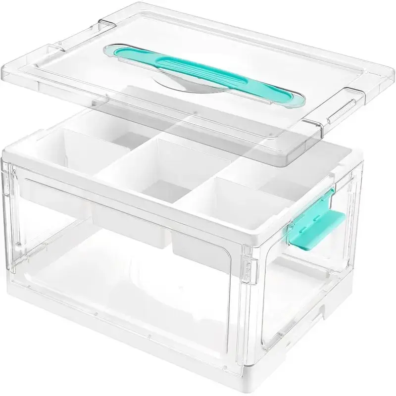 24 QT Clear Plastic Craft Organizer with Removable Tray & Adjustable Dividers, Foldable Storage Box with Handle for Art Supplies, Beads & Sewing