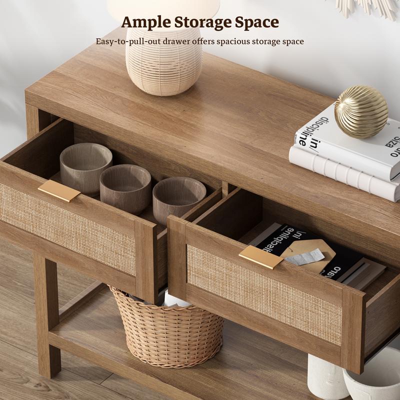 SICOTAS Console Table with Rattan Drawers - Unique Boho Rattan Entryway Table Side Table with Storage, Small Console Tables for Entryway, Entry Table for Hallway, Sofa Table Coffee Table, Spacious Storage, Stable and Sturdy