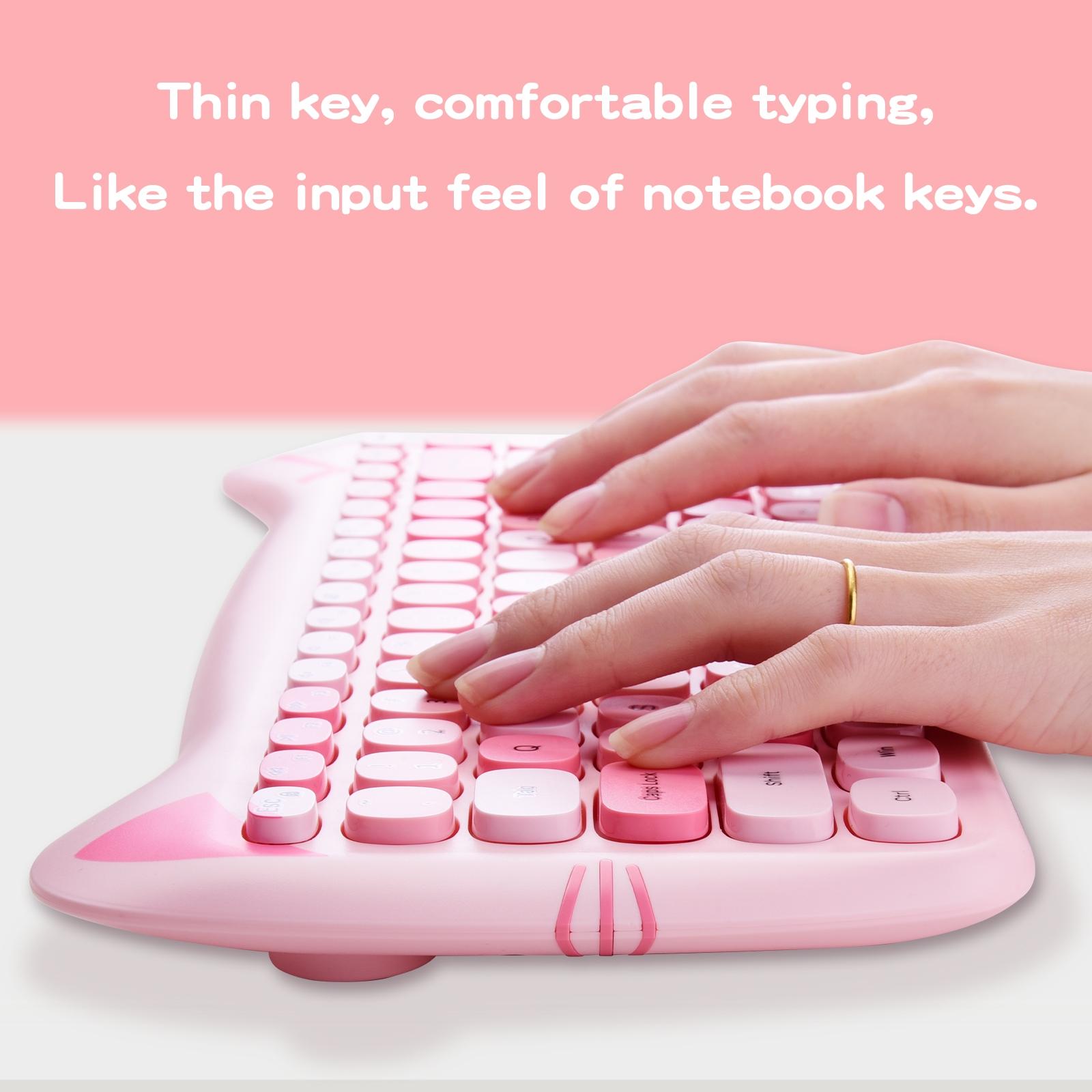 MOFii 1 Set Pink Cat Ear Wireless Keyboard and Mouse Combo, Cute Silent Office Keyboard Mouse, Universal for Laptop Desktop, US QWERTY (Battery Not Included)