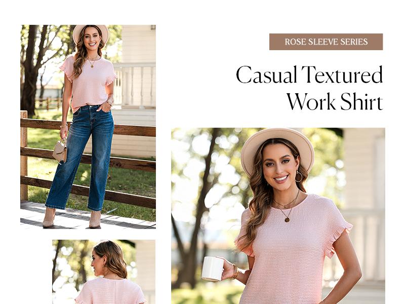 Shewin 2026 Spring/Summer Outfit Womens Short Sleeve Tops Round Neck Ruffle Casual Textured Work T Shirts Tee Blouse Basic Fitted Crewneck - Womenswear