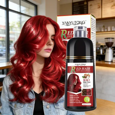 10-in-1 Red Herbal Shampoo Hair Dye Haircare (Suitable for Both Men & Women), Infused with Ginger & Ginseng Extracts, Instantly Covers Gray Hair, Gentle Hair Care That Won’t Harm Scalp, Refreshing & No Side Effects, Grey Coverage Shampoo