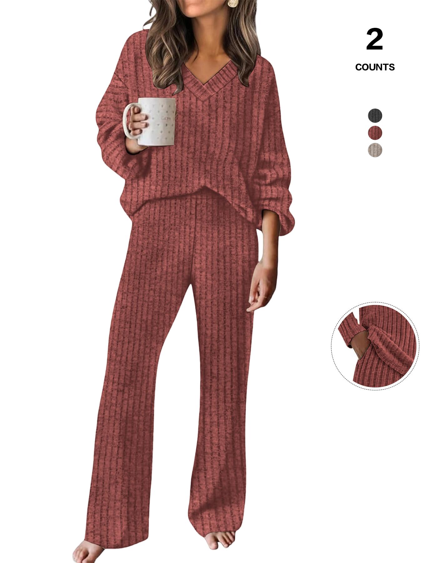 Women's Ribbed Knit 2-Piece Loungewear Set, V-Neck Oversized Long Sleeve Top, Wide-Leg Pants with Pockets, Soft Cozy Casual