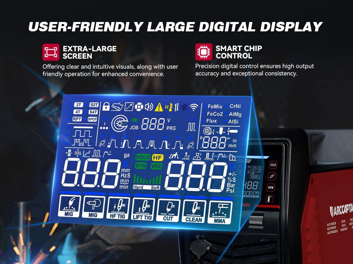ARCCAPTAIN MIG205MP MIG Welder, All-in-One iControl APP Control Plasma Cutter/Pulsed MIG/Flux Core/Spool Gun/Pulsed HF TIG/Lift TIG/Clean/Stick Aluminum Welding Machine 120/240V Dual Voltage Multiprocess Welders Black Friday, Christmas Gifts for Men/Dad