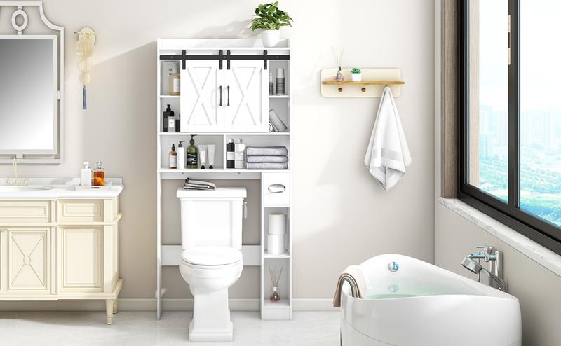 Vabches Farmhouse Over The Toilet Storage Cabinet with Sliding Doors & Adjustable Shelf for Bathroom Organization, Space-Saving Wood Rack for Toiletries & Decor