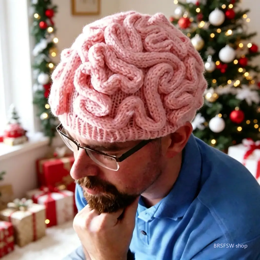 Unisex Handmade Knit Fabric Brain Pattern Hat - Stretchy, Soft, Lightweight, Warm, Breathable Snap Closure Winter Beanie, Funny Whimsical Brain Flower Design Costume Headwear for Parties, Halloween, Daily Wear
