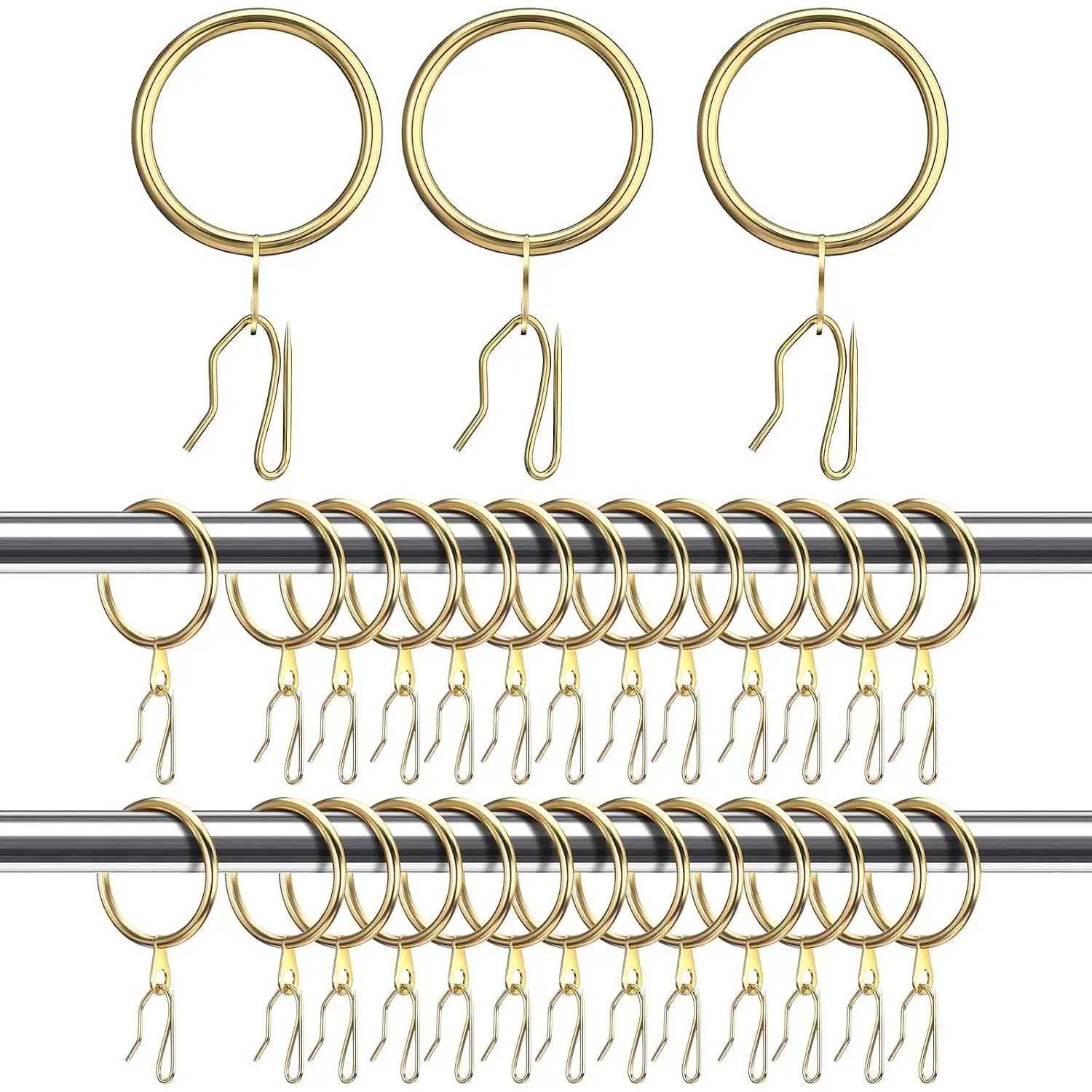 Gold Metal Curtain Ring and Drapery Pin Hook Set (60 Rings + 60 Hooks) - Multi-Size Options (0.98/1.26/1.5/1.65 in) for Window, Door, Shower Drapes, Metal Rings