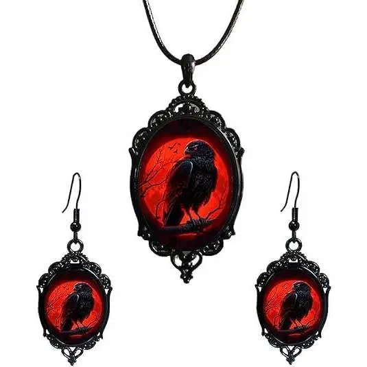 Gothic Crow  Necklace Earring Set, Retro Black Frame Glass , Dark  Crow Earrings for Halloween Role Playing, Gothic Women's Holiday