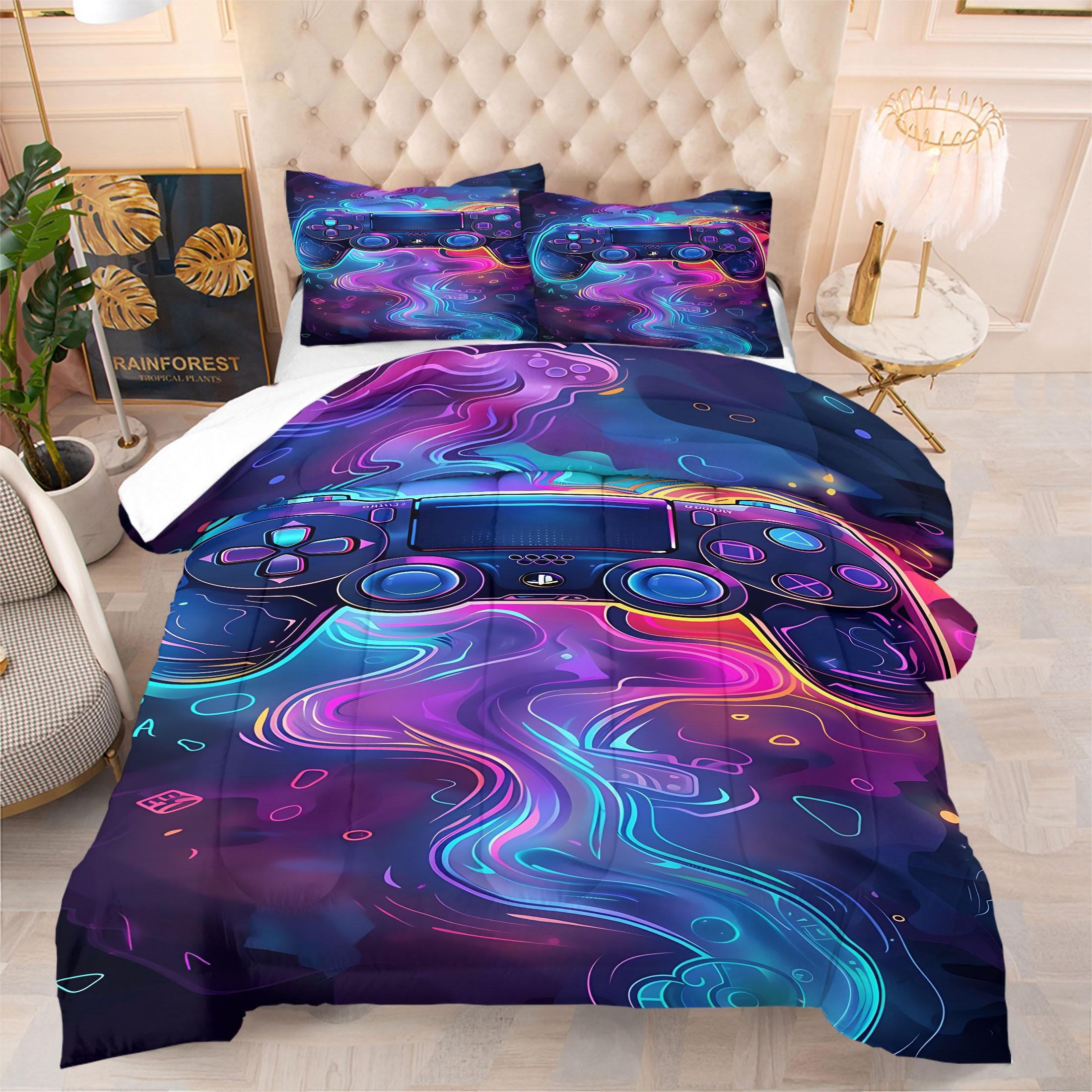 Street Graffiti Game Controller Comforter Set,Includes 1 Comforter & 1-2 Pillowcases,Neon Gamer Themed Print Bedding Set,Soft Breathable All-Season Gamer Bedding,for Teen Boys Bedroom Gamer Room Dorm Decor,Perfect Gift for Video Game Lovers