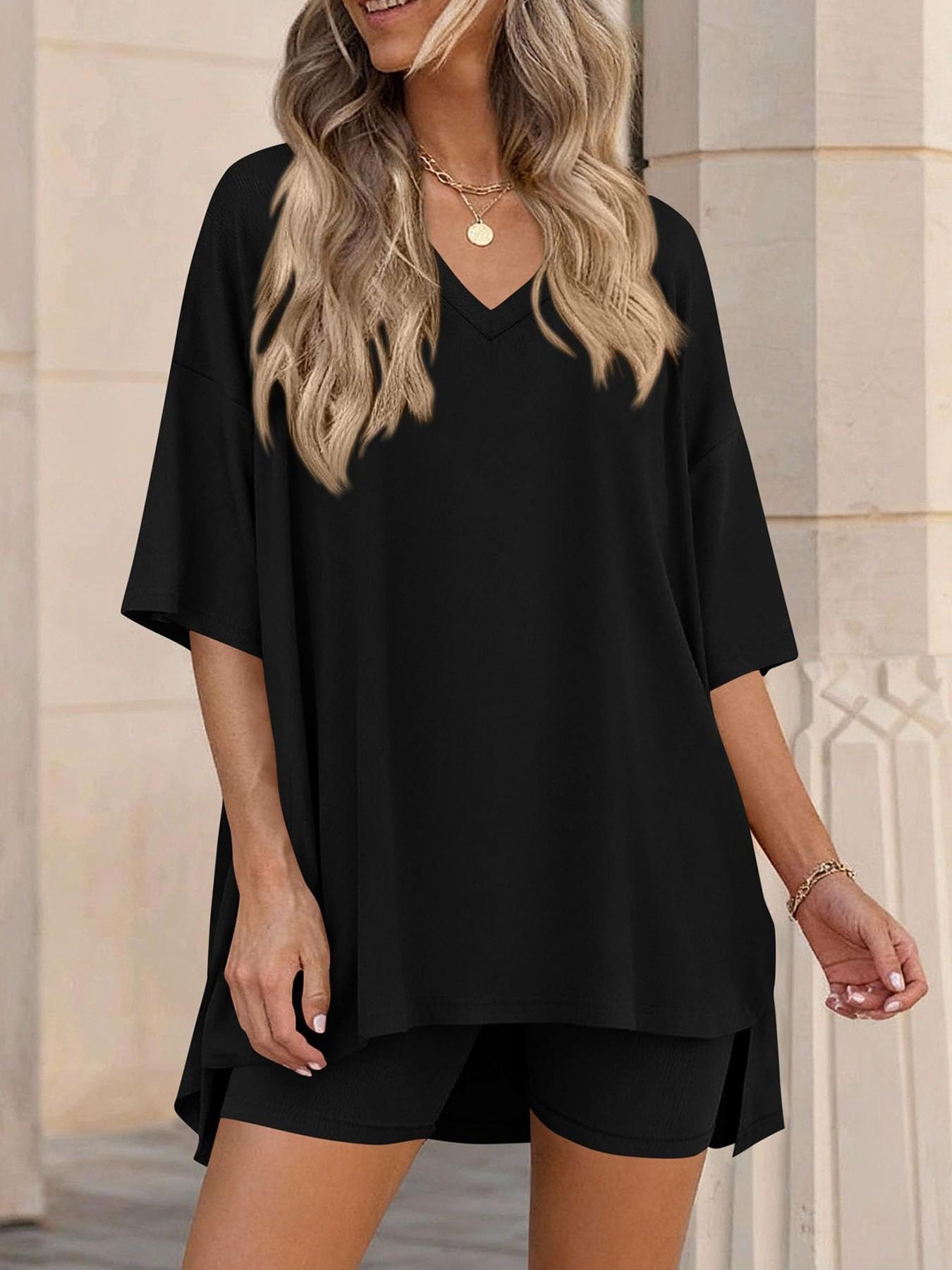 Women's V-Neck 2-Piece Lounge Set Loungewear, Oversized Shirt and Shorts, Spring/Summer Loose-Fit Matching Outfit for Daily Wear