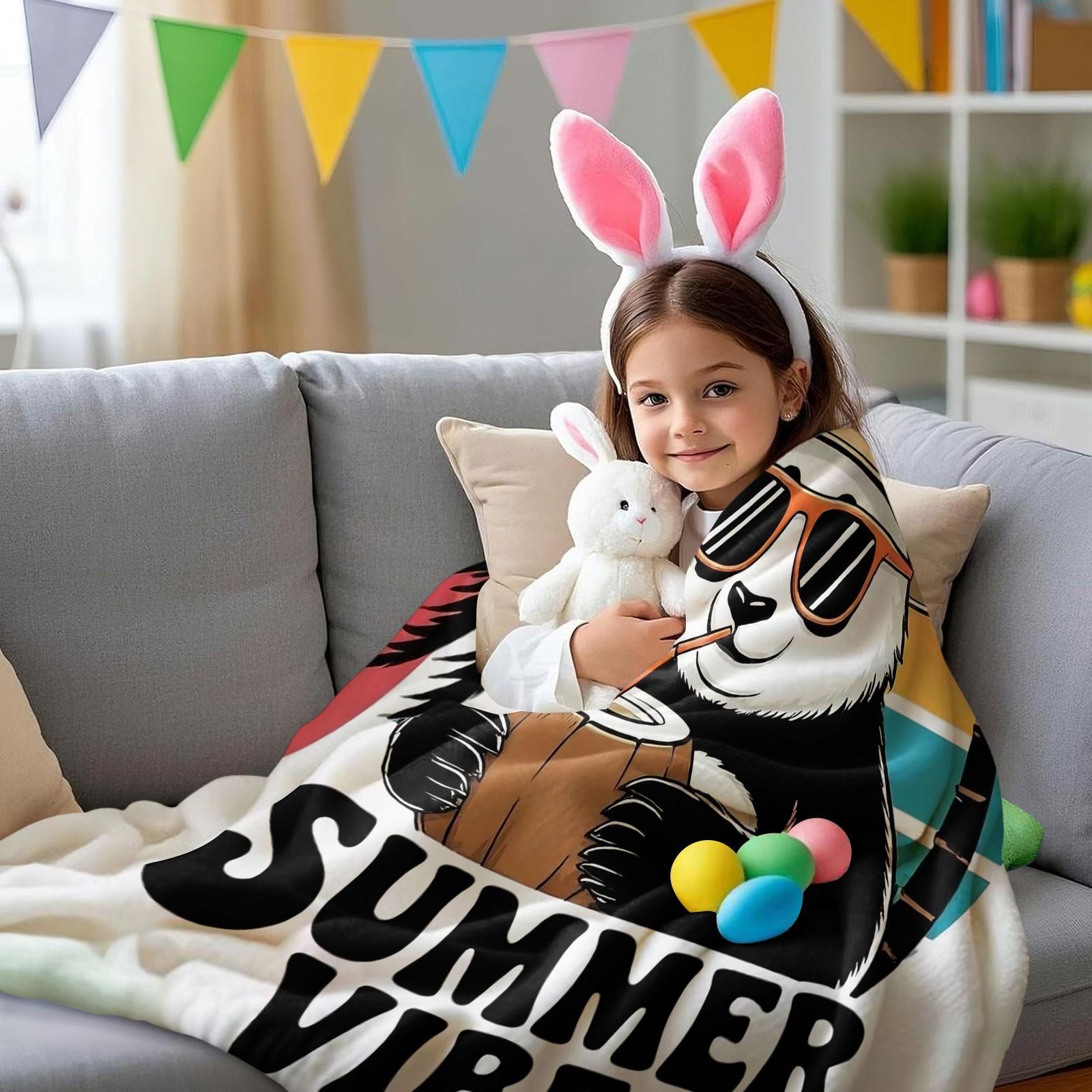 Summer Vibes Panda Flannel Blanket, Cute Tropical Palm Tree Print Throw Blanket, Ultra Soft Warm Blanket, Fun Beach Themed Gift Blanket for Kids, Teens & Panda Lovers